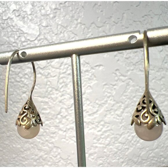 Vtg Sterling Silver Rose Quartz Drop Earrings 925 Filigree Teardrop Dangles Boho - Picture 9 of 11